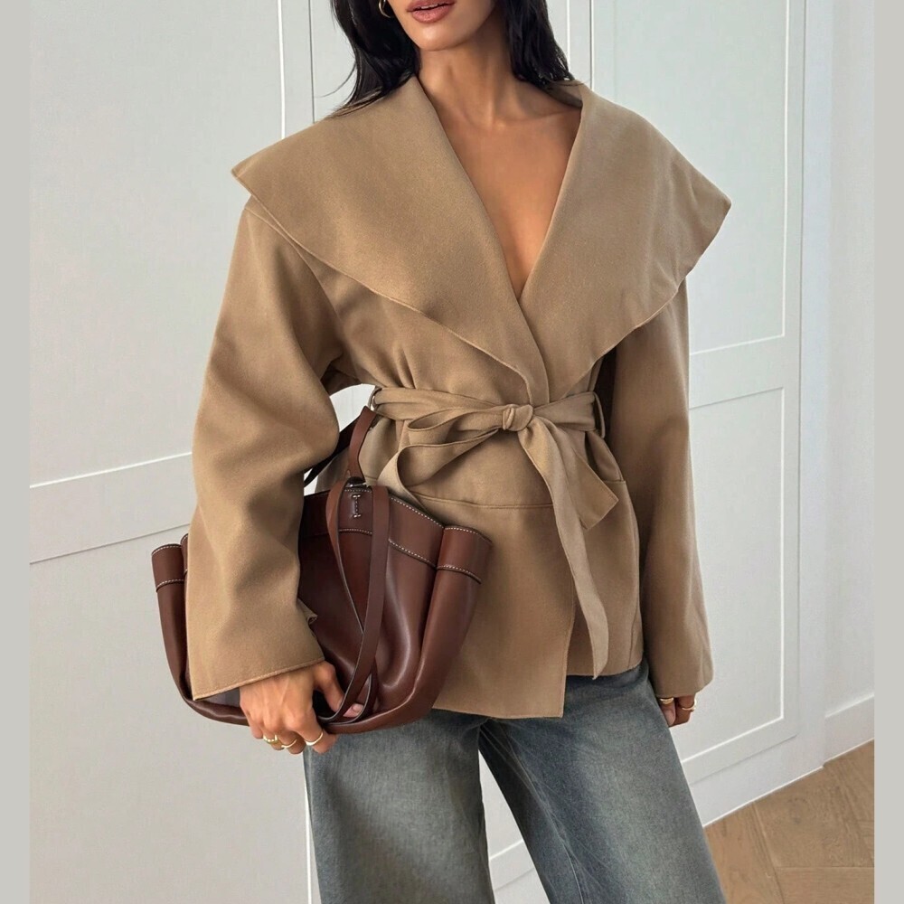 Tan Waterfall Collar Belted Wrap Coat - Picture 2 of 8